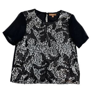 Ellen Tracy Black Silver Sequin Beaded Blouse S/S Mesh Front Lined Sz S Keyhole